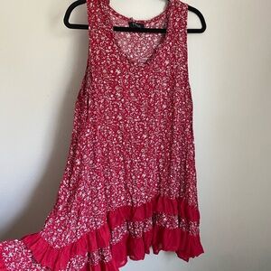 Papillon‎ Floral Ruffle Smock Red Mini Dress XL Scandigirl Preppy Layering Tunic